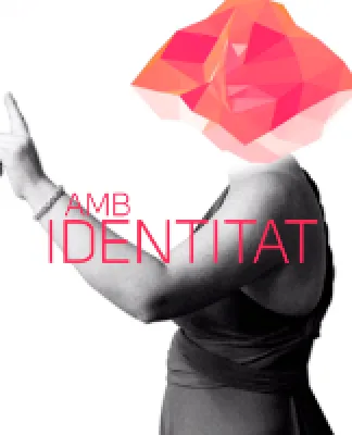 A woman whose face is covered by a pink geometric shape.