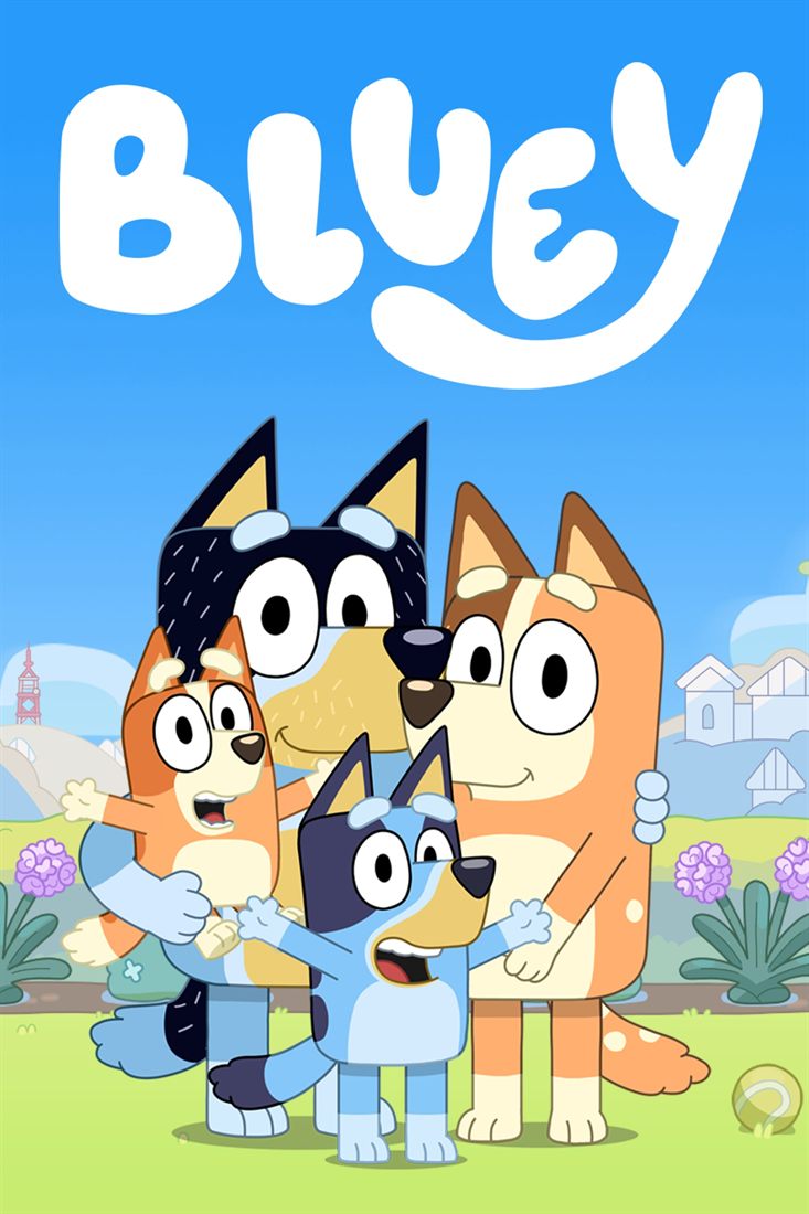 Bluey, her sister and her parents in a family hug.