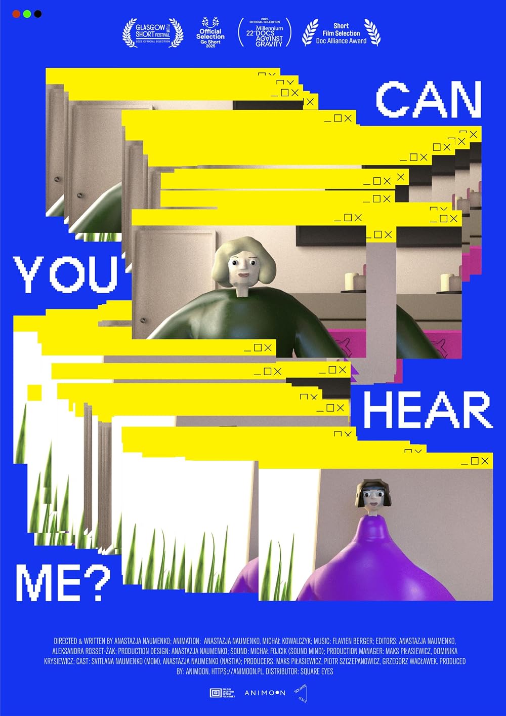 Collage of computer windows and animated figures on a bright blue background.