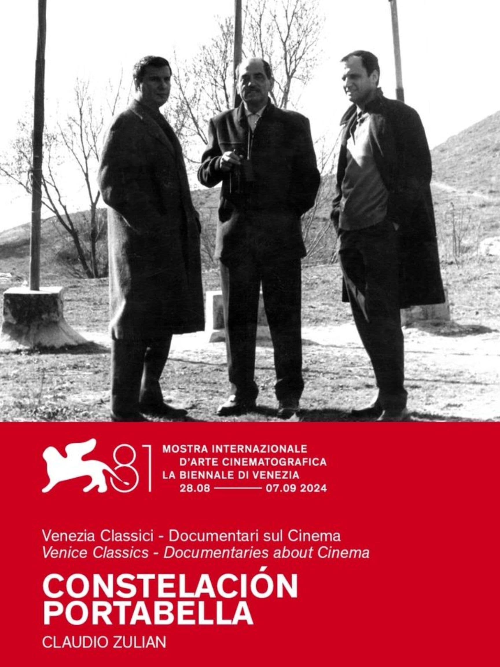 Black-and-white photo of three men in coats on a hillside, one of them Pere Portabella. The bottom of the poster is red.