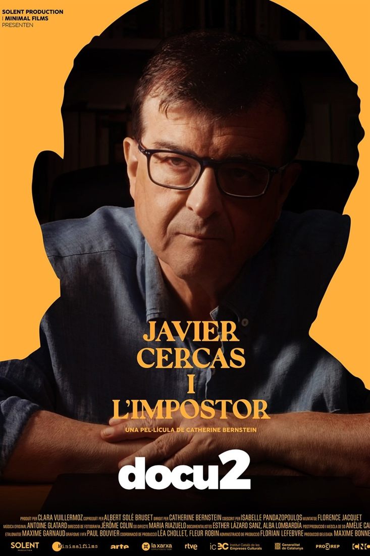 Javier Cercas, wearing glasses, inside an orange human silhouette.