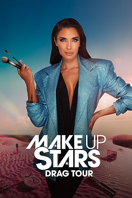 Presenter Pilar Rubio, in a sparkly blue jacket, holding make-up brushes.