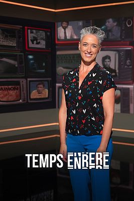 A presenter on a TV set full of old television screens.