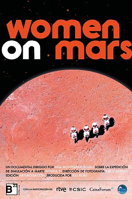 Four tiny figures in spacesuits walking across a red planet.